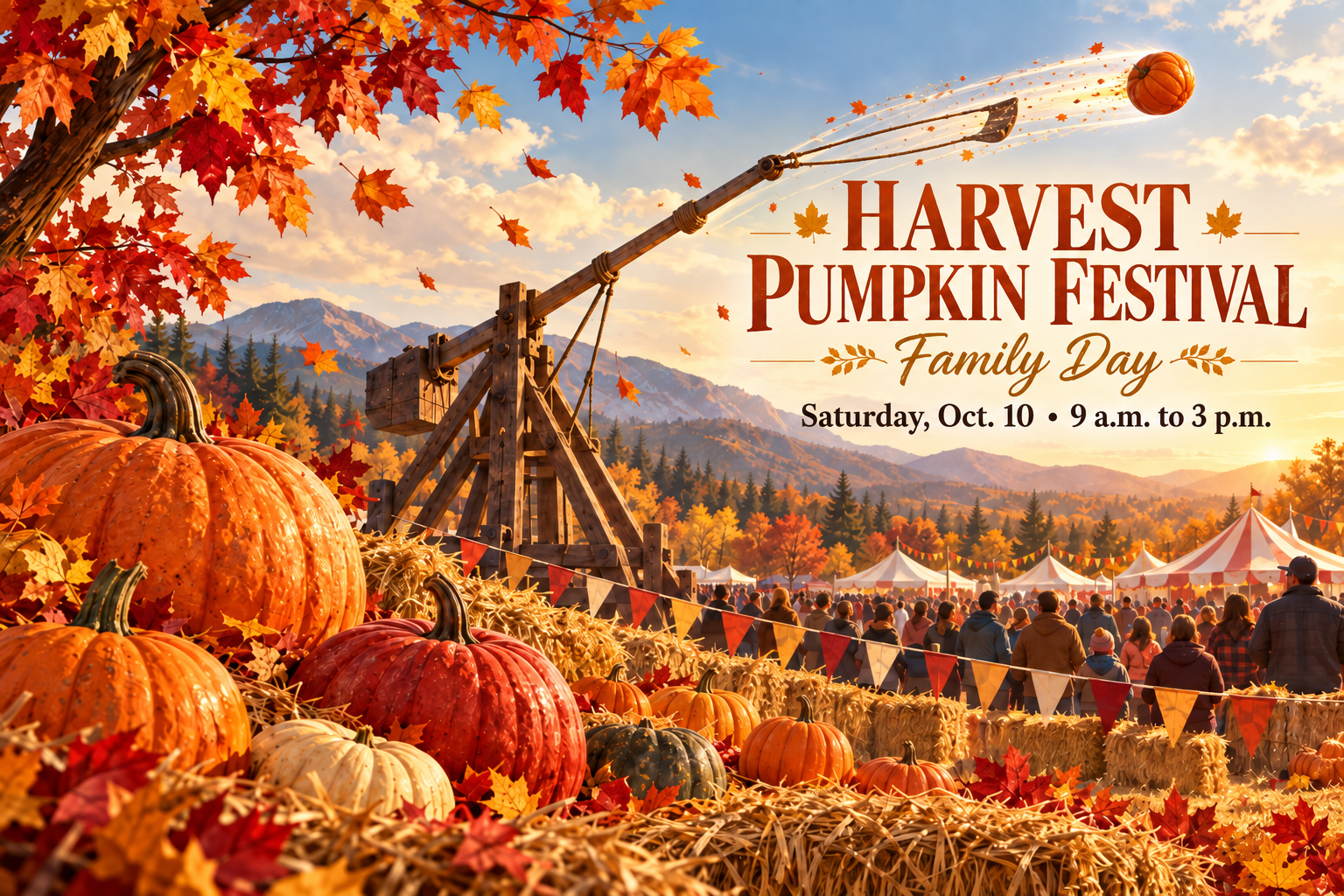 Editorial illustration of an autumn pumpkin festival with a trebuchet launching a pumpkin across the fairgrounds.