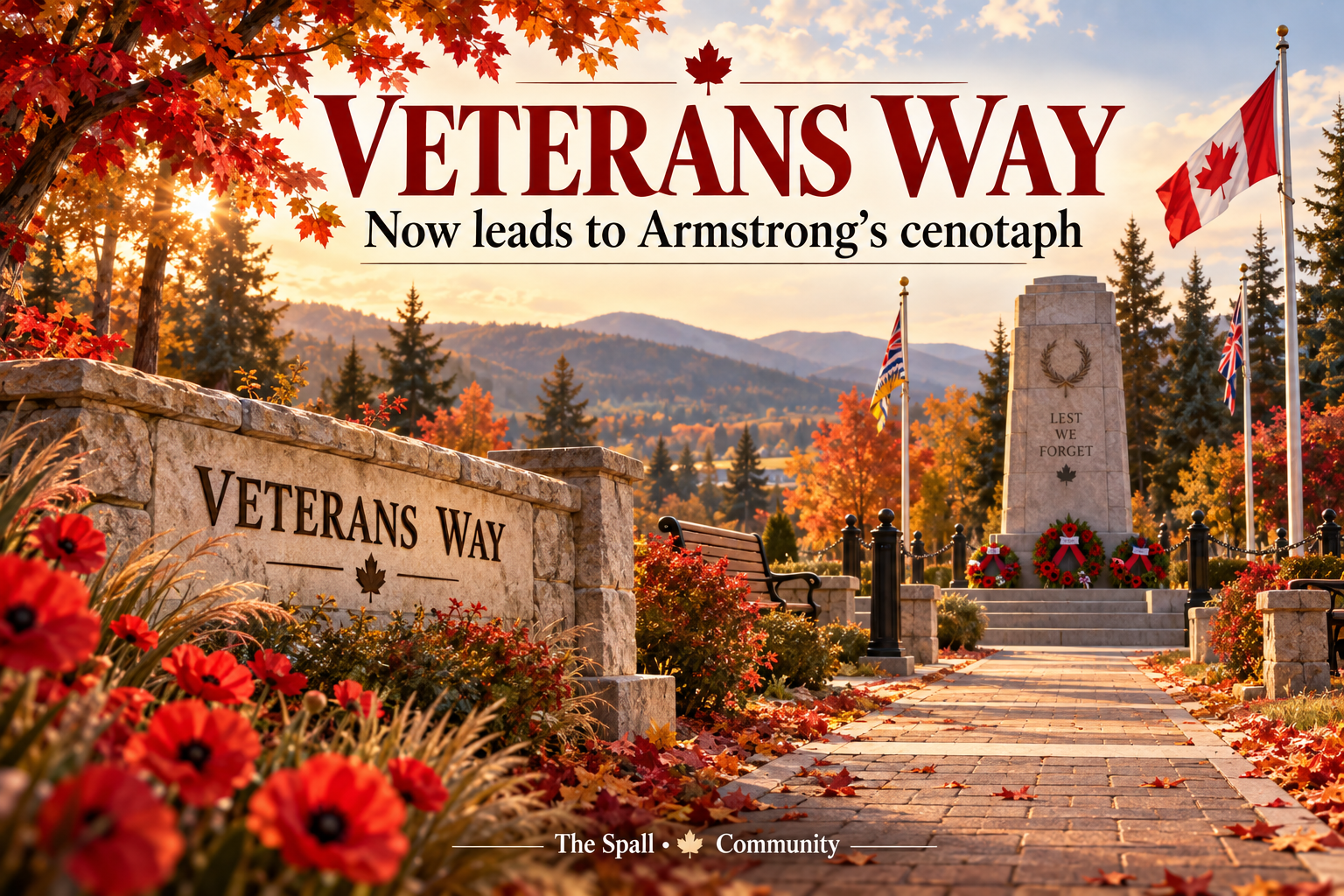 Editorial illustration of Veterans Way leading toward a cenotaph in an autumn memorial park.